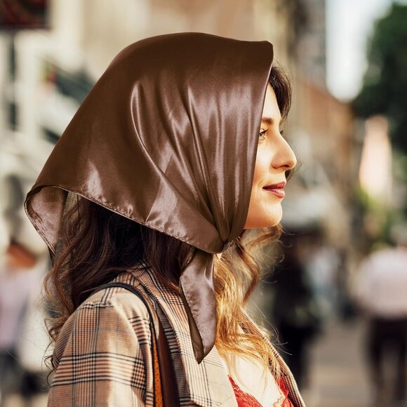 Women Coffee Chiffon Square Ribbon Neck Scarf Satin Handkerchief For Halloween - Picture 5 of 7